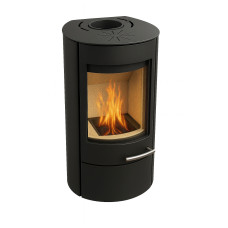 VARO S Stahl, tief-schwarz, mit Waermeplatte, mit Holzfach und Türe